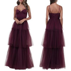 NWOT Lulus Unforgettable Poise Plum Purple Tulle Bustier Tiered Maxi Gown Dress